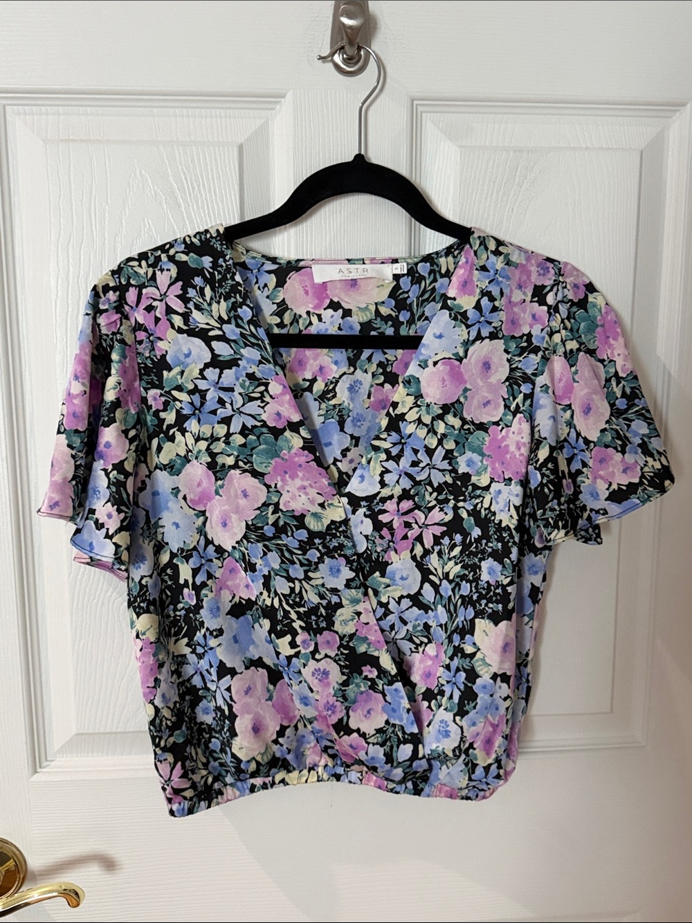 ASTR Black Floral Wrap Crop Top with Lavender and Light Blue Blooms small